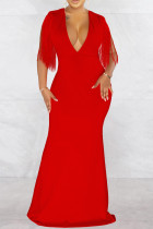 Red Fashion Sexy Solid Quaste Patchwork V-Ausschnitt langes Kleid