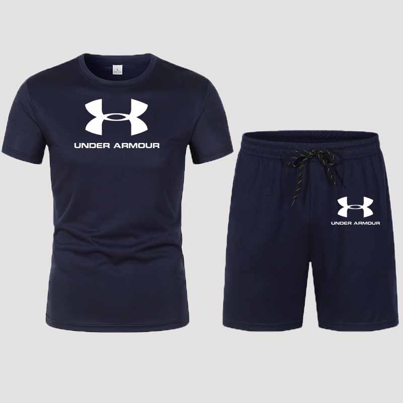 

Navy Blue Fashion Sportswear Print Letter O Neck Short Sleeve Two Pieces