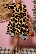 Leopardenmuster Mode Casual Print Patchwork Umlegekragen Hemdkleid
