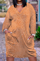 Vestidos de manga comprida laranja moda casual estampa patchwork decote em v