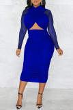Blauwe mode sexy effen uitgeholde patchwork doorschijnende vouw jurken met lange mouwen