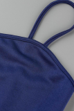 Синий сексуальный однотонный отложной воротник с пайетками плюс размер из трех частей