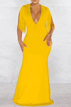 イエロー ファッション セクシー ソリッド タッセル パッチワーク V ネック ロング ドレス