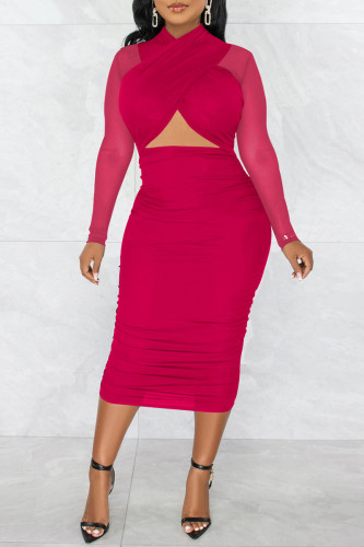 Rose Red Fashion Sexy Solid Hollowed Out Patchwork See-through Fold Long Sleeve Dresses