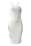 ホワイトファッションセクシープリントバックレススパゲッティストラップノースリーブドレスドレス