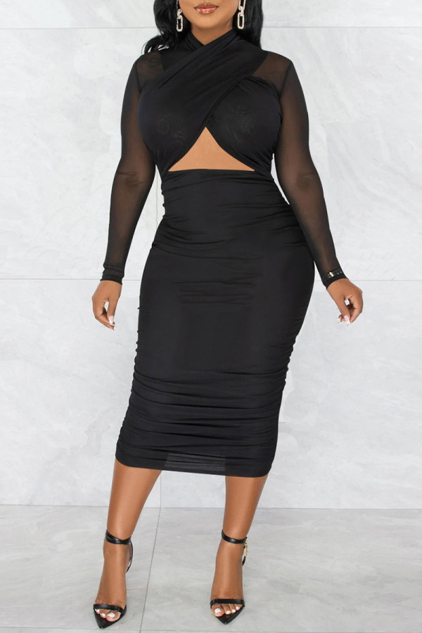 Zwarte mode sexy effen uitgeholde patchwork doorschijnende vouw jurken met lange mouwen