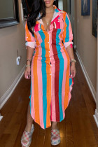 Платье-рубашка с цветным повседневным полосатым принтом и пряжкой в ​​стиле пэчворк с отложным воротником Платья