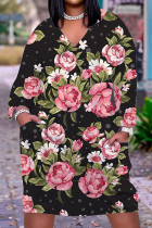 Schwarz Rosa Mode Casual Print Patchwork V-Ausschnitt Langarm Kleider