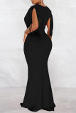 Vestido longo preto fashion sexy com borla patchwork decote em v