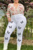Weiße, modische, lässige Patchwork-Jeans mit Schmetterlingsdruck in Übergröße