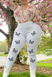 Witte mode casual vlinderprint patchwork plus size jeans