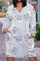 Robes bleu clair mode casual imprimé patchwork col en V manches longues