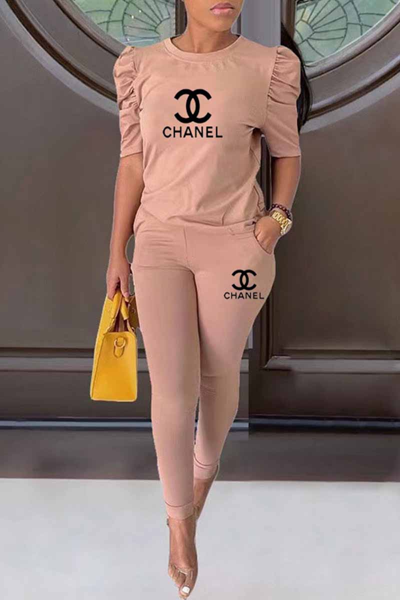 

Apricot Fashion Casual Print Letter O Neck Half Sleeve Two Pieces