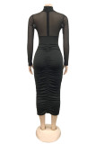 Black Fashion Sexy Solid Hollowed Out Patchwork See-through Fold Long Sleeve Dresses