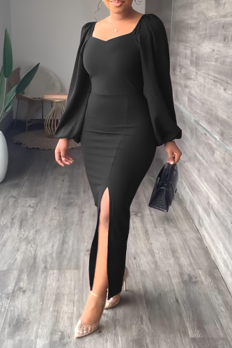Black Fashion Solid High Opening Square Collar Pencil Skirt Dresses
