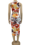 Multicolor Sexy Print Hollowed Out Patchwork Asymmetrical Halter Pencil Skirt Dresses