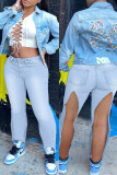 Hellblaue, modische, lässige, solide Schlitz-Jeans mit hoher Taille und normaler Denim-Jeans