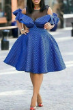 Blue Fashion Casual Patchwork See-through O Neck A Line Dresses