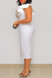 Vestido branco fashion casual patchwork furação a quente transparente meio gola alta sem manga