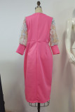 Vestidos de manga comprida rosa moda casual patchwork transparente com fenda e decote