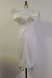Vestido moda casual patchwork perforación en caliente transparente medio cuello alto sin mangas blanco