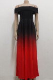 Red Casual Gradual Change Print Patchwork Off the Shoulder A Line Dresses