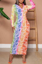 Цветная мода Повседневная печать Пэчворк Пряжка с отложным воротником Платья с юбкой на один шаг