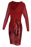 Röda sexiga solida broderade paljetter Patchwork U-hals klänningar