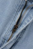 Lichtblauwe casual jeans met gescheurde patchwork en straatprint in grote maten
