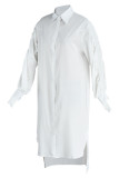 Vestido camisero de manga larga con cuello vuelto y abertura sólida informal de moda blanca