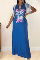 Royal Blue Casual Street Print Tofs Patchwork V-hals raka klänningar