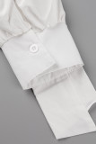 Weißes, modisches, lässiges, solides Schlitz-Umlegekragen-Langarm-Hemdkleid