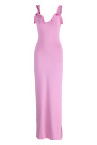 Розовое сексуальное повседневное однотонное длинное платье на тонких бретельках с открытой спиной и разрезом на бретелях