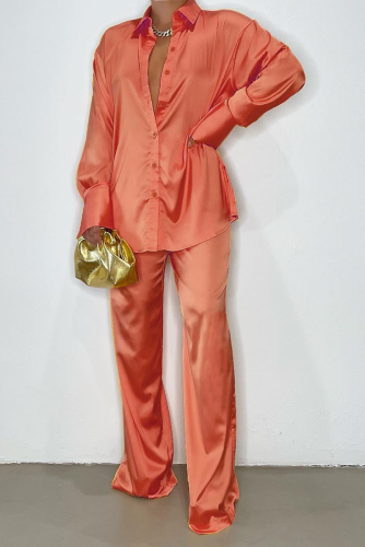 Tangerine Red Casual Solid Patchwork Turndown Collar Long Sleeve Two Pieces