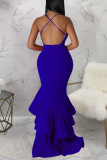 Colorful Blue Sexy Solid Patchwork Flounce Spaghetti Strap Evening Dress Dresses