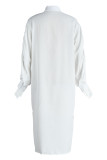 Vestido camisero de manga larga con cuello vuelto y abertura sólida informal de moda blanca