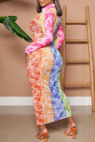 Цветная мода Повседневная печать Пэчворк Пряжка с отложным воротником Платья с юбкой на один шаг