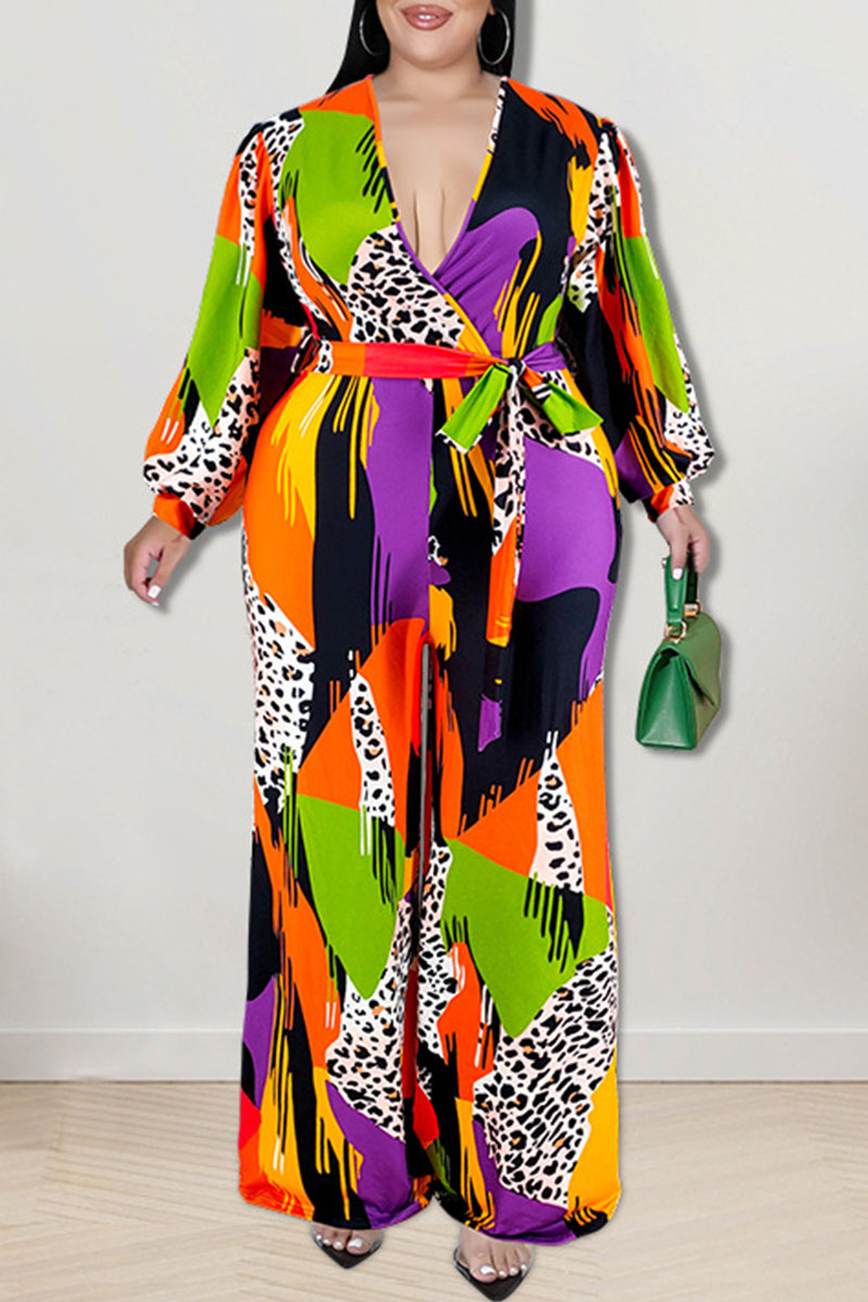 Purple Casual Print Patchwork V Neck Plus Size Jumpsuits