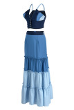 Синий модный сексуальный пэчворк с контрастной спиной и контрастной отделкой без рукавов из двух частей