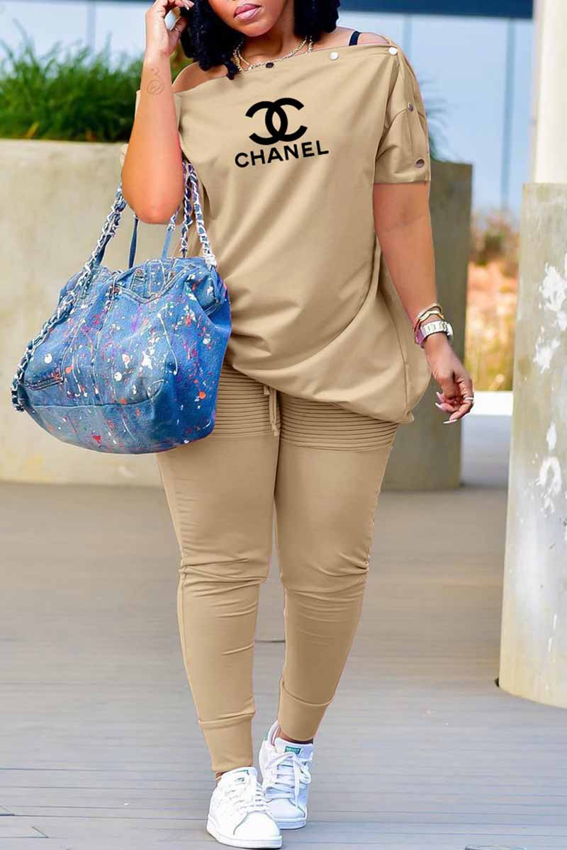 

Khaki Fashion Casual Print Letter Oblique Collar Short Sleeve Two Pieces