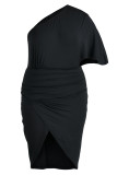 ライトブルーファッションカジュアルプラスサイズソリッドパッチワーク斜め襟不規則なドレス