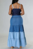 Blue Fashion Sexy Patchwork Backless Contrast Mouwloze Two Pieces