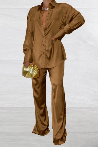 Coffee Casual Solid Patchwork Turndown Collar Long Sleeve Two Pieces