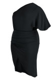 Черное модное повседневное платье больших размеров с однотонным пэчворком и косым воротником, асимметричное платье