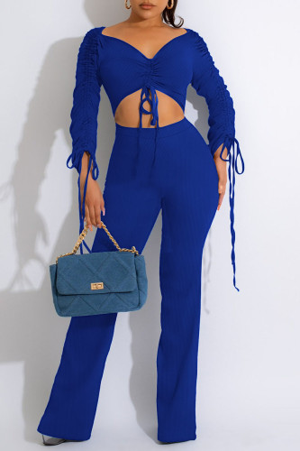 Blue Sexy Solid Patchwork Draw String Fold V Neck Long Sleeve Two Pieces