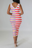 Red Casual Striped Print Patchwork U Neck Pencil Skirt Dresses