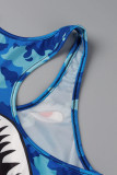 Azul escuro moda casual sportswear estampa patchwork decote em u sem manga duas peças
