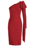 Vestidos de falda de un paso con cuello oblicuo de retazos sólidos elegantes rojos (sin cinturón)