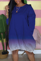 チベタン ブルー カジュアル グラデーション プリント パッチワーク Oネック ドレス