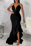 Black Sexy Solid Patchwork Flounce Spaghetti Strap Evening Dress Dresses